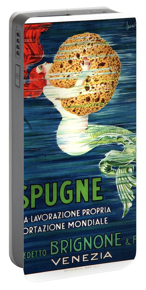 Vintage Portable Battery Charger featuring the mixed media Spugne - Mermaid - Brignone Bath Sponge - Vintage Advertising Poster by Studio Grafiikka