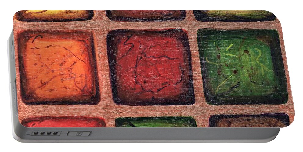 #abstract #contemporary #squares #bronze #landscapes Portable Battery Charger featuring the painting Squared in Bronze by Allison Constantino
