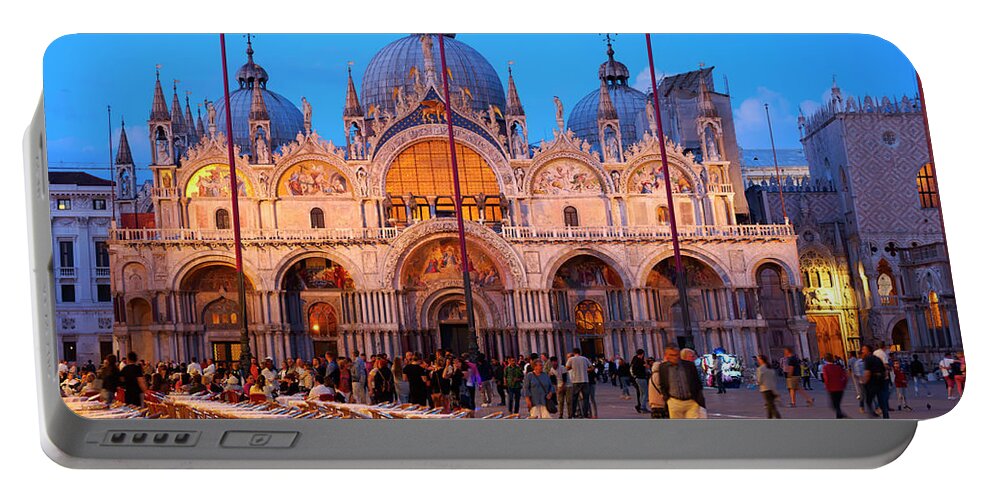 St Mark's Square Portable Battery Charger featuring the photograph St Mark's Square and the Basilica at night in Venice by Louise Heusinkveld
