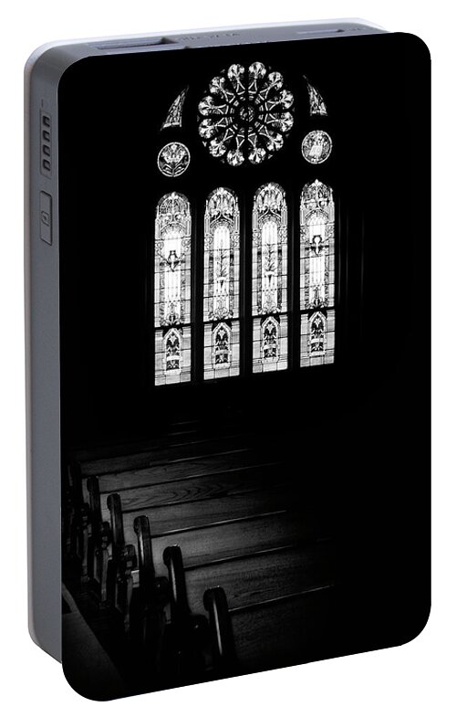Church Portable Battery Charger featuring the photograph Stained Glass in Black and White by Tom Mc Nemar