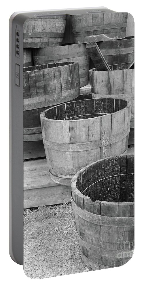 Black And White Portable Battery Charger featuring the photograph Stairs of Barrels by Nina Silver