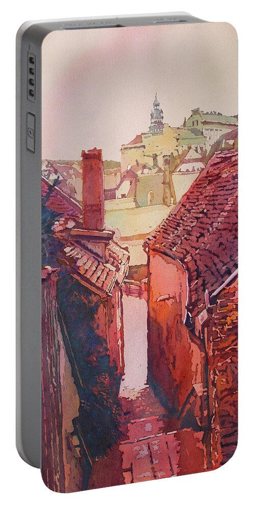Cesky Krumlov Portable Battery Charger featuring the painting Stairs to Cesky Krumlov by Jenny Armitage