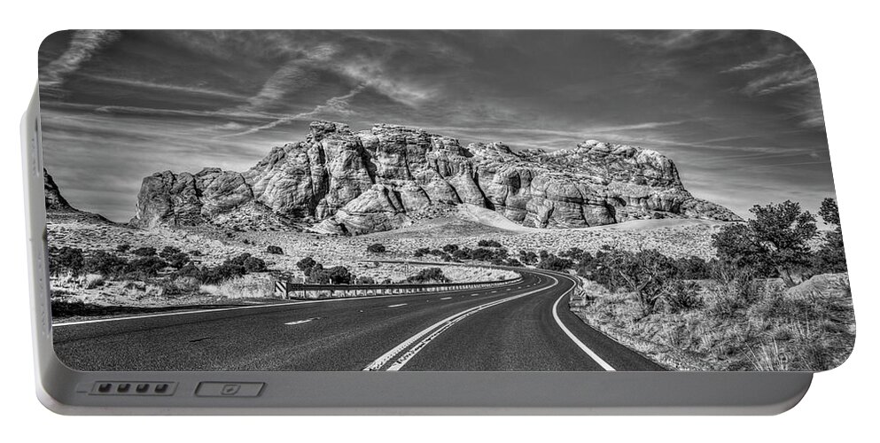 Reid Callaway Horseshoe Bend Portable Battery Charger featuring the photograph Standing In The Road B W Grand Canyon Butte Page Arizona Art by Reid Callaway
