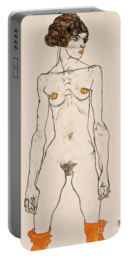 Schiele Portable Battery Charger featuring the painting Standing Young Female Nude with Orange Colored Stockings by Egon Schiele