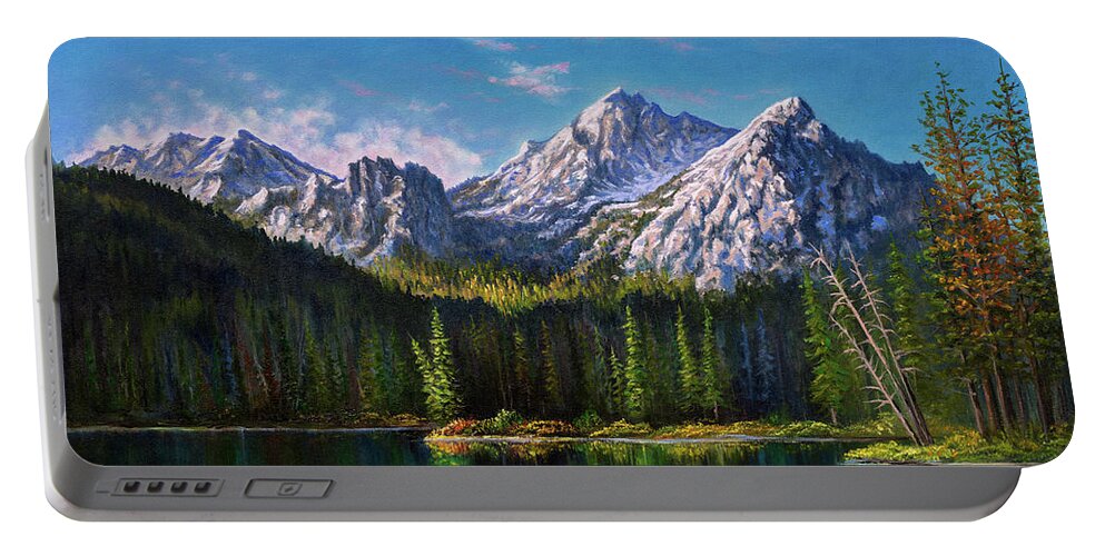 Stanley Portable Battery Charger featuring the painting Stanley Lake Reflections by Chris Steele