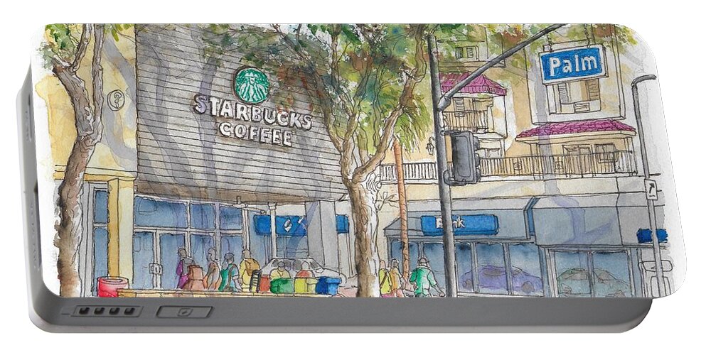 Starbucks Coffee Portable Battery Charger featuring the painting Starbucks Coffee in San Fernando Rd and Palms, Burbank, California by Carlos G Groppa