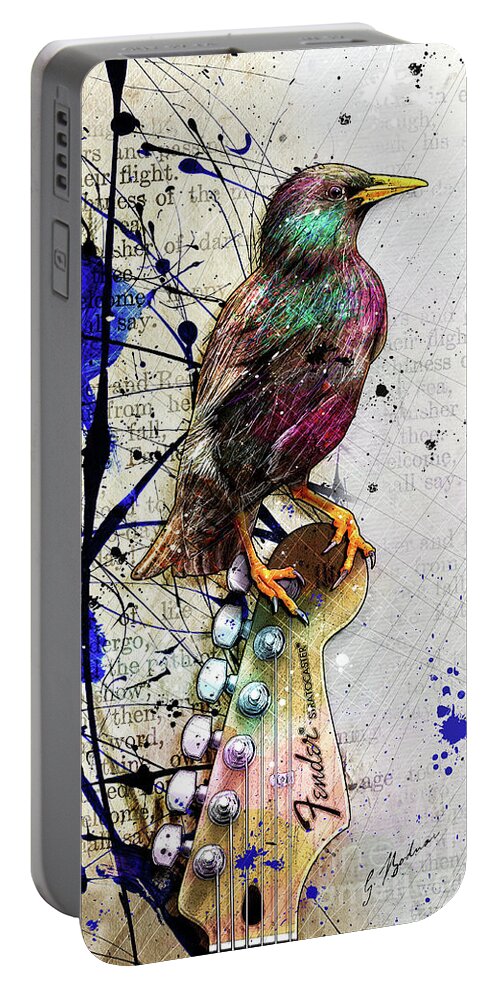 Starling Portable Battery Charger featuring the digital art Starling On A Strat by Gary Bodnar