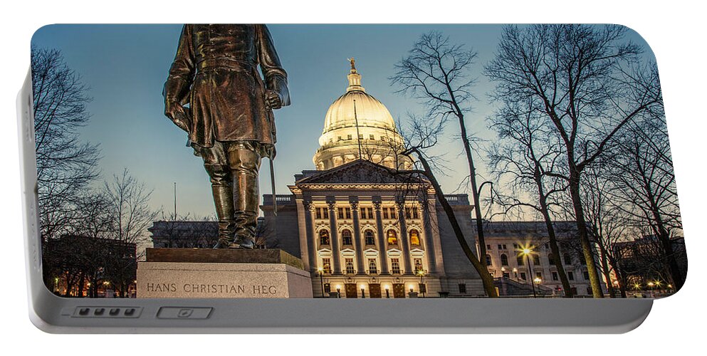 Wisconsin State Capitol Portable Battery Charger featuring the photograph Statue Capitol Dusk by Todd Klassy