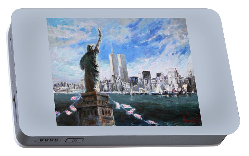 Landscape Portable Battery Charger featuring the painting Statue of Liberty and Tween Towers by Ylli Haruni