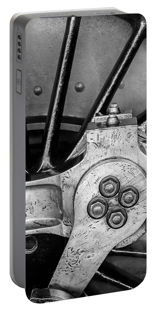 Vintage Portable Battery Charger featuring the photograph Steam Engine Wheel BW by Rick Deacon