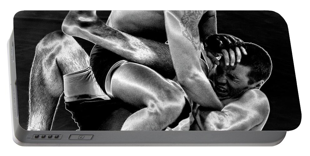 Black & White Portable Battery Charger featuring the photograph Steel Men Fighting 5 by Frederic A Reinecke