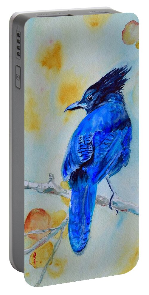 Jay Portable Battery Charger featuring the painting Steller's Jay On Aspen by Beverley Harper Tinsley