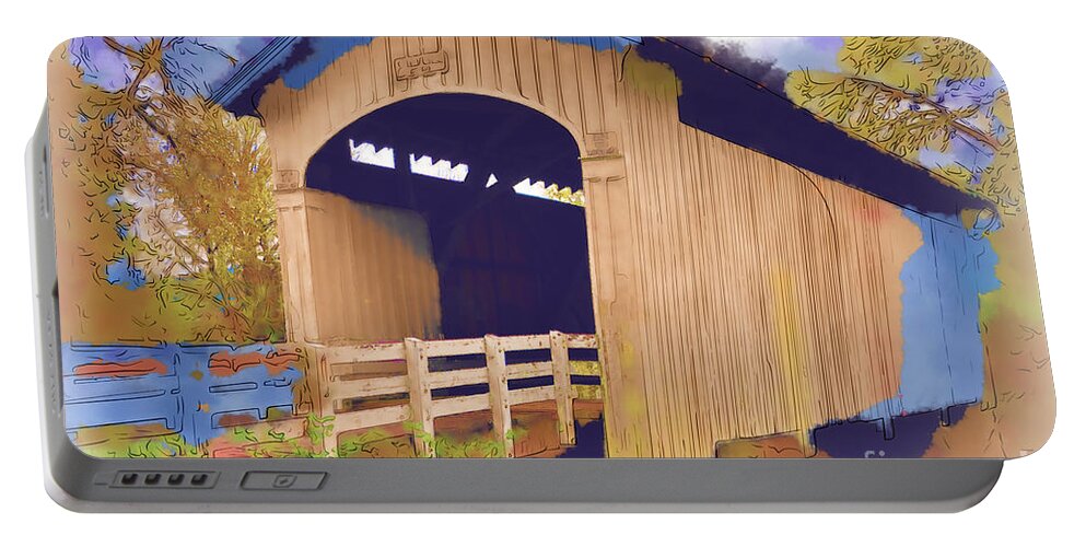 Covered-bridge Portable Battery Charger featuring the digital art Stewart Bridge In Watercolor by Kirt Tisdale