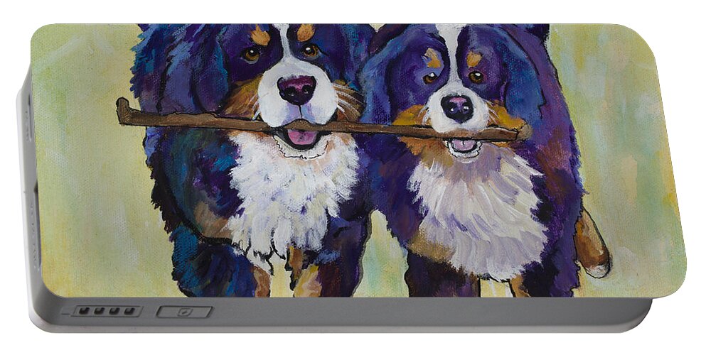 Bernese Mountain Dogs Portable Battery Charger featuring the painting Stick Together by Pat Saunders-White