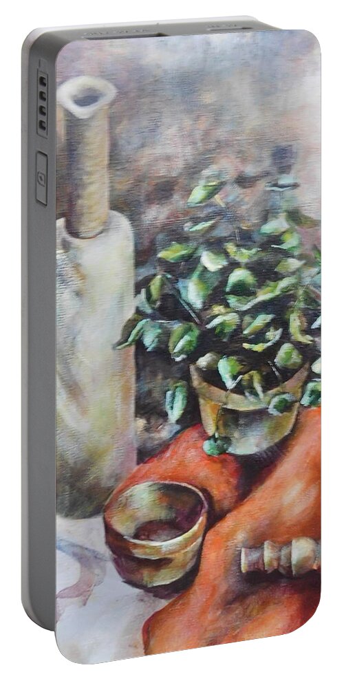 Still Life With Wine Bottle Portable Battery Charger featuring the painting Still Life by Joan Clear