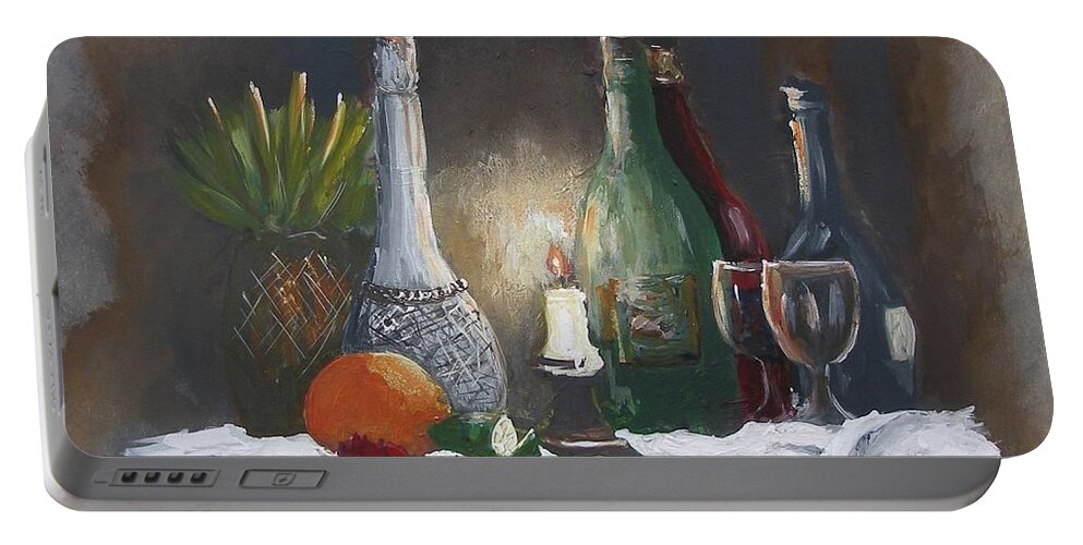Still Life Wine Bottles Glass Fruits Candle Fire Orange Table Cloth Pineapple Rose Flower Dark Brown Red White Lemon Drink Acrylic On Canvas Print Green Portable Battery Charger featuring the painting Still Life by Miroslaw Chelchowski