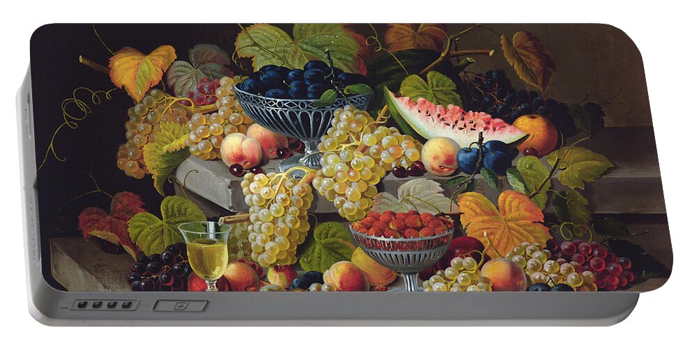 Fruit Portable Battery Charger featuring the painting Still Life of Melon Plums Grapes Cherries Strawberries on Stone Ledge by Severin Roesen