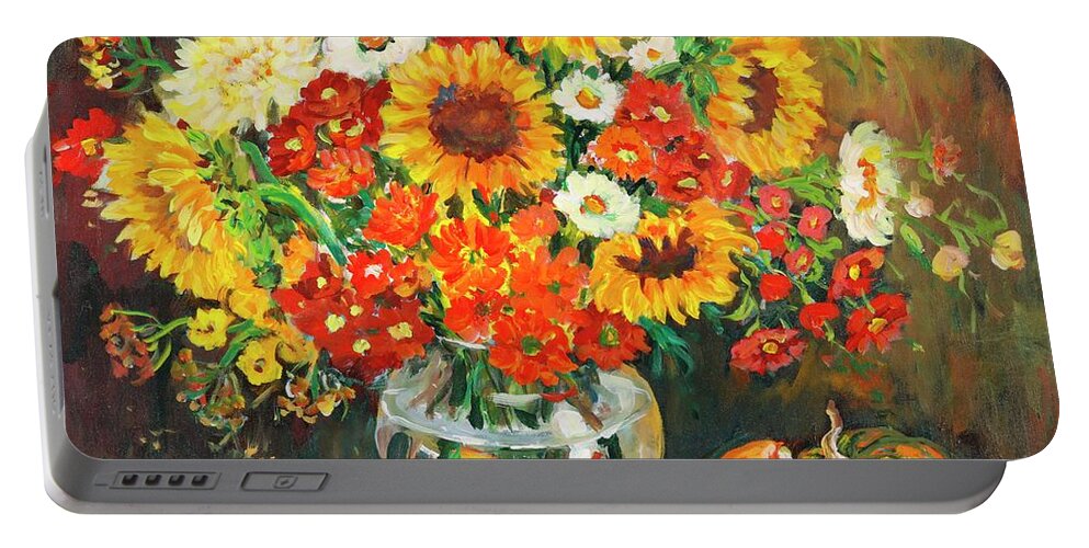 Flowers Portable Battery Charger featuring the painting Still Life with Gourds by Ingrid Dohm