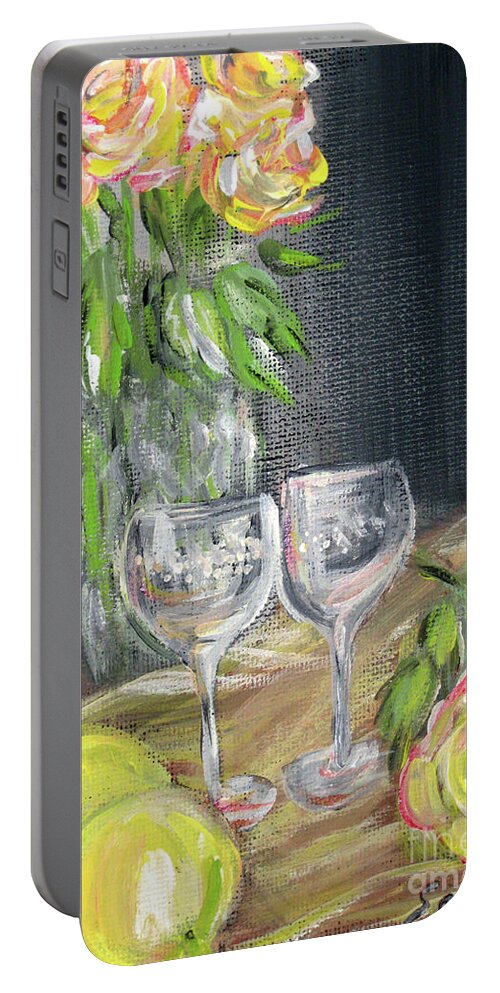 Still Life With Lemons Portable Battery Charger featuring the painting Still Life with Lemons, Roses and Grapes. Painting by Oksana Semenchenko
