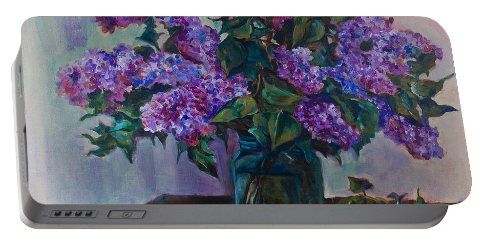 Flowers Portable Battery Charger featuring the painting Still life with lilac by Maxim Komissarchik