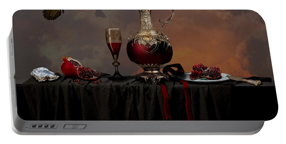 Red Portable Battery Charger featuring the photograph Still life with pomegranate by Alexa Szlavics