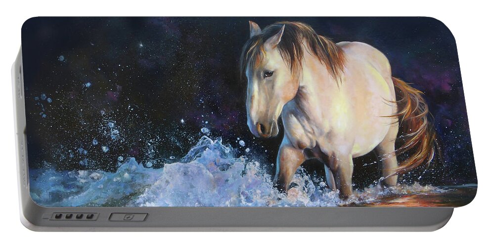 Wild Horse Painting Portable Battery Charger featuring the painting Stirring Up the Morning by Karen Kennedy Chatham