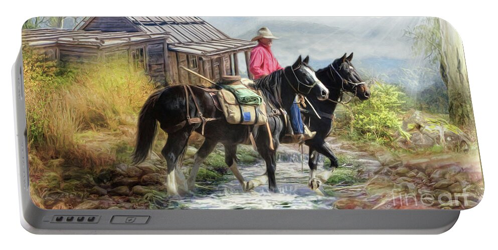 Stockman Portable Battery Charger featuring the digital art Stockman Of The Snowy by Trudi Simmonds