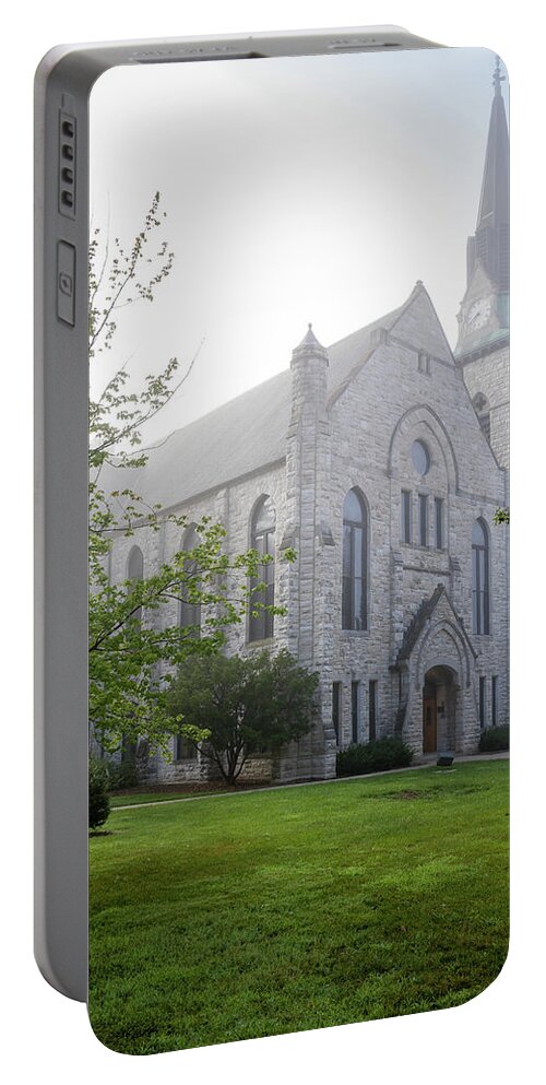Drury Portable Battery Charger featuring the photograph Stone Chapel in Fog by Allin Sorenson