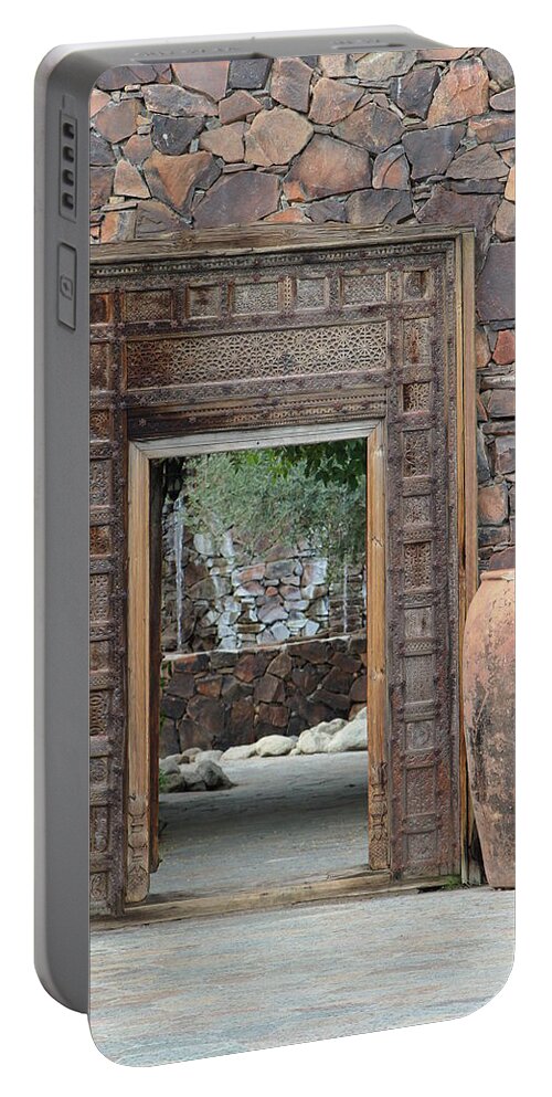 Garden Wall Portable Battery Charger featuring the photograph Stone Garden Wall and Clay Urns by Colleen Cornelius