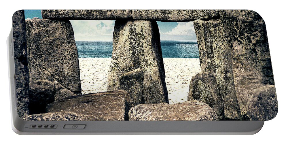 Stonehenge Portable Battery Charger featuring the digital art Stonehenge On The Beach by Phil Perkins