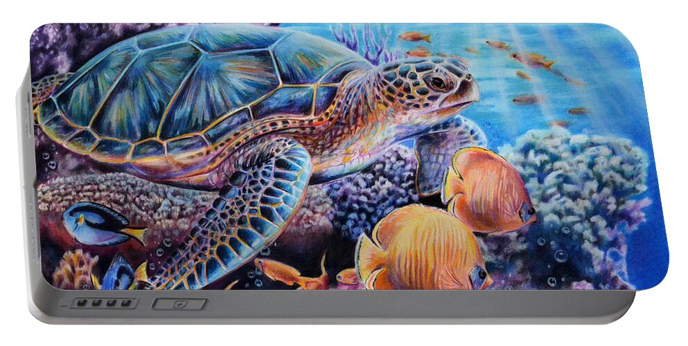 Sea Turtle Portable Battery Charger featuring the painting Stories I tell by Lachri
