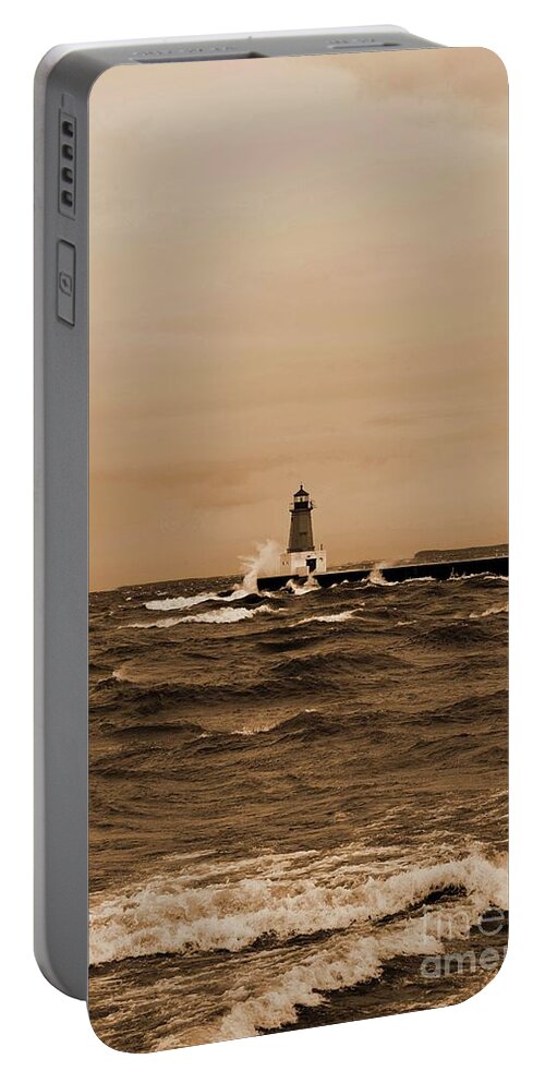 Storm Sandy Portable Battery Charger featuring the photograph Storm Sandy Effects Menominee Lighthouse Sepia by Ms Judi