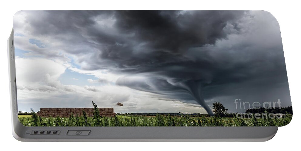 Bad Weather Portable Battery Charger featuring the digital art Storm tornado or twister lifing hay bales in bad weather by Simon Bratt
