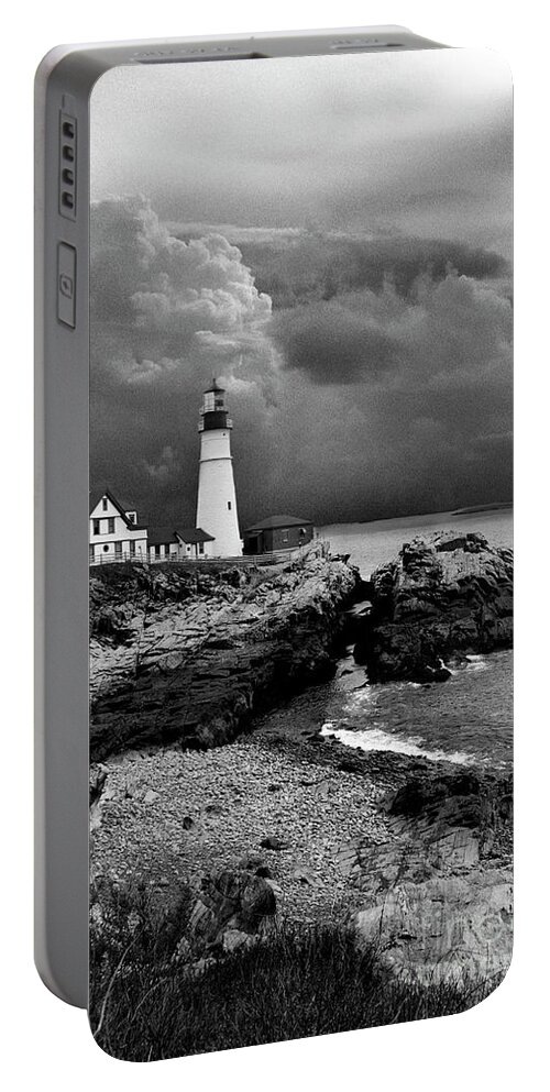 Lighthouses Portable Battery Charger featuring the photograph Storms Over The Head Bnw by Skip Willits