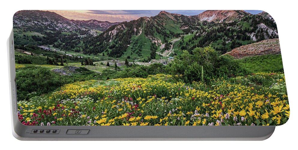 Utah; Landscape; Alta; Wasatch Mountains; Mount Baldy; Wildflower; Yellow; Green; Blue; Spring; Summer; Alpine; Meadow; Little Cottonwood Canyon Portable Battery Charger featuring the photograph Storms Sunsets and Wildflowers by Brett Pelletier