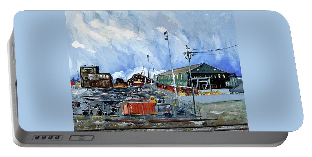 Industrial Landscape Painting Portable Battery Charger featuring the painting Stormy Sky Over Shipyard and Steel Mill by Asha Carolyn Young