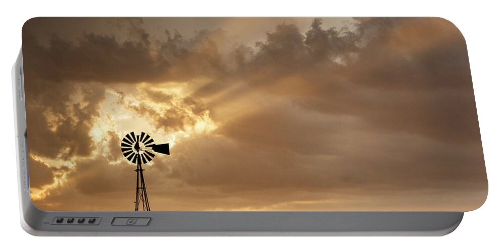 Kansas Portable Battery Charger featuring the photograph Stormy Sunset and Windmill 03 by Rob Graham