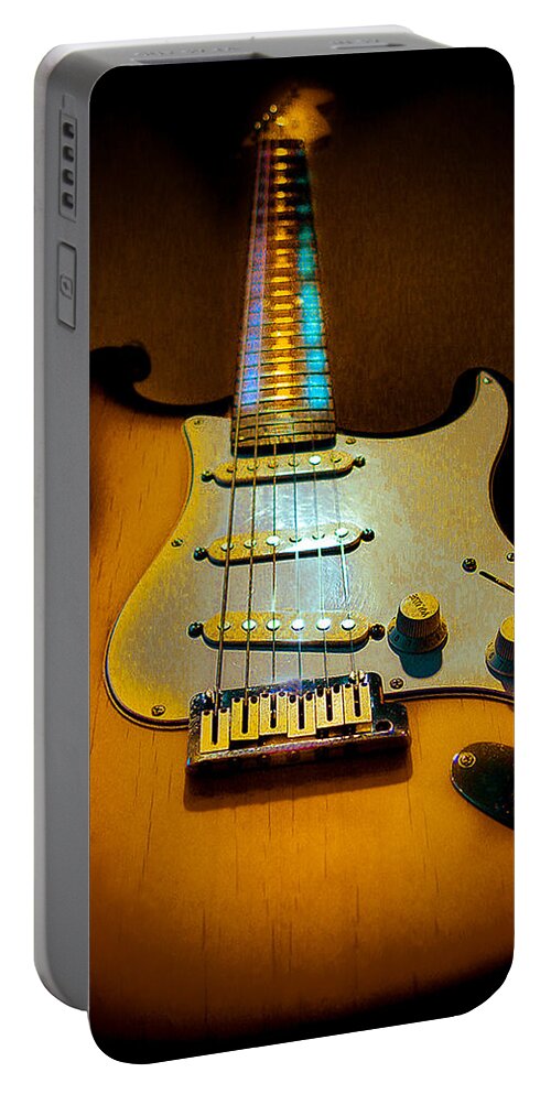 Guitar Portable Battery Charger featuring the digital art Stratocaster Tobacco Burst Glow Neck Series by Guitarwacky Fine Art