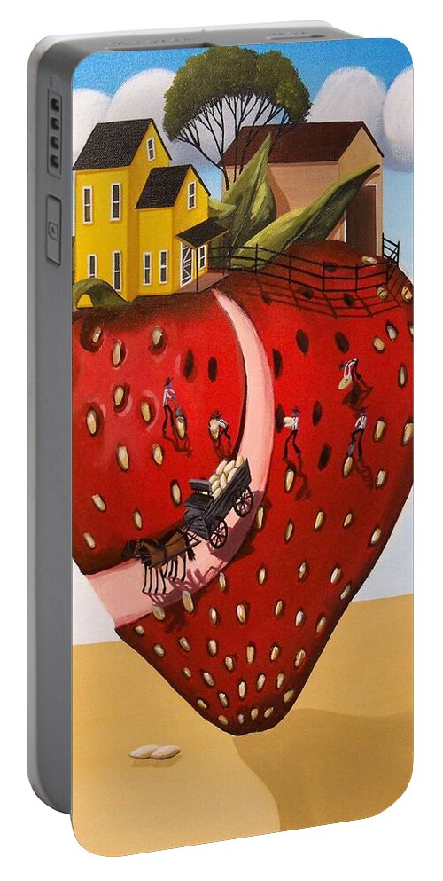 Art Portable Battery Charger featuring the painting Strawberry Fields - surreal farm landscape by Debbie Criswell