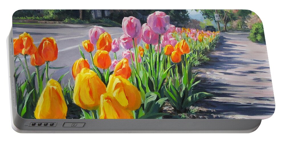 Large Portable Battery Charger featuring the painting Street Tulips by Karen Ilari