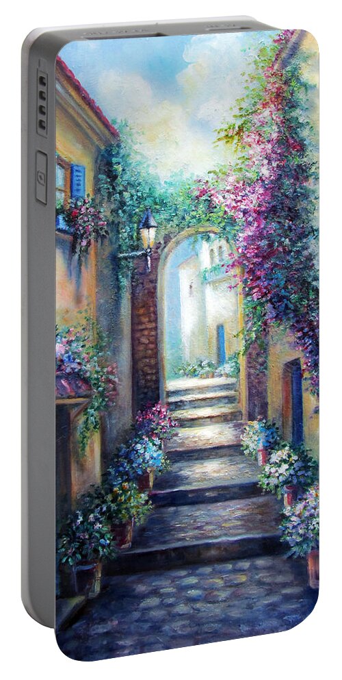 European Scene Portable Battery Charger featuring the painting Streetscene in Old town Greece by Regina Femrite