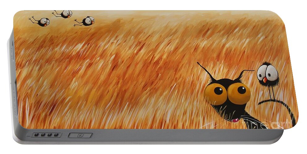 Stressie Cat Portable Battery Charger featuring the painting Stressie Cat and crows in the hay fields by Lucia Stewart