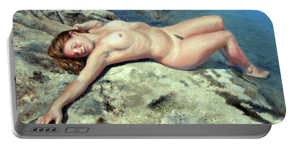 Nude Woman Portable Battery Charger featuring the painting Stretch on Rock Ledge by Marie Witte