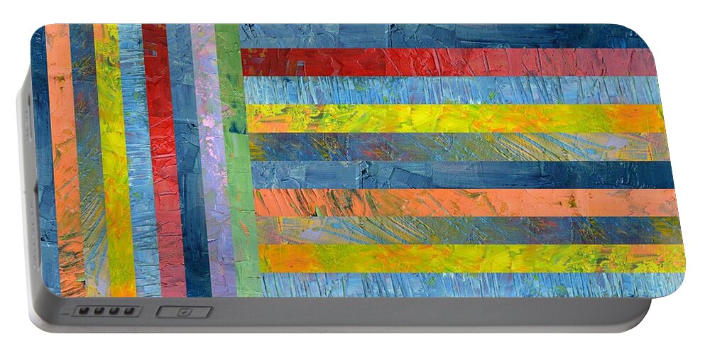 Textural Portable Battery Charger featuring the painting Stripes with Blue and Red by Michelle Calkins