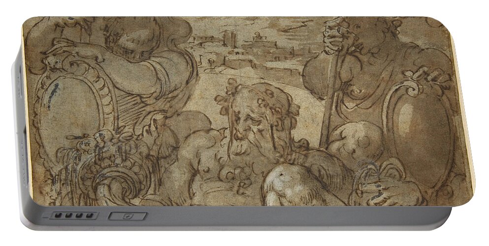 Jacopo Zucchi Portable Battery Charger featuring the drawing Study for the Allegory of San Gimignano and Colle Val d'Elsa by Jacopo Zucchi