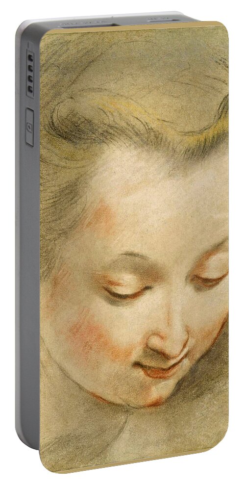 Federico Barocci Portable Battery Charger featuring the drawing Study of the Head of a Young Woman looking down to the Right by Federico Barocci