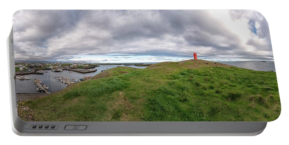 Iceland Portable Battery Charger featuring the photograph Stykkisholmur Harbor Pano by Tom Singleton