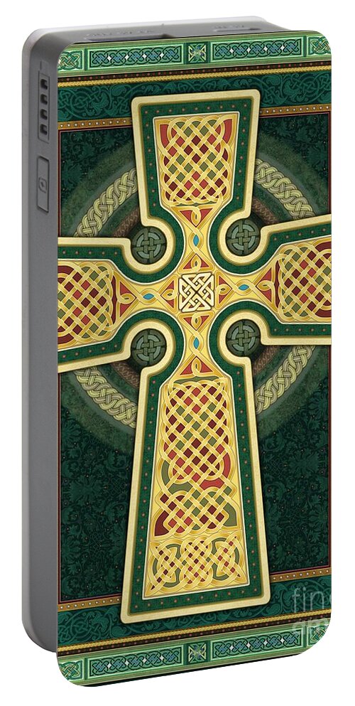 Celtic Cross Portable Battery Charger featuring the digital art Stylized Celtic Cross in Green by Randy Wollenmann