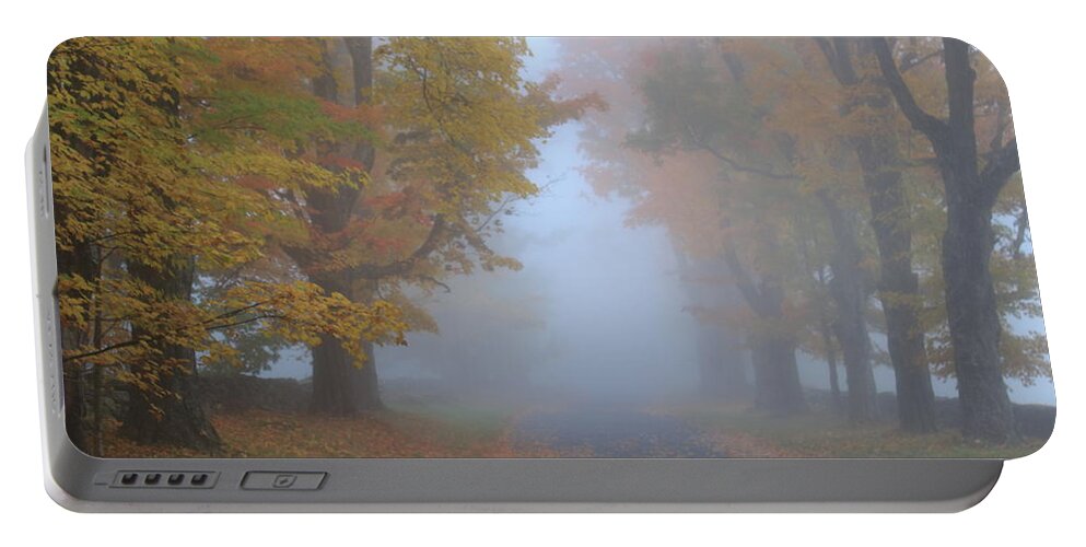 Sugar Maple Portable Battery Charger featuring the photograph Sugar Maples on a Misty Country Road by John Burk