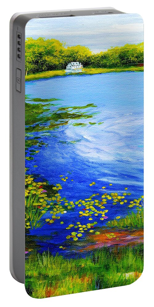Lake Portable Battery Charger featuring the painting Summer at the Lake by Anne Marie Brown